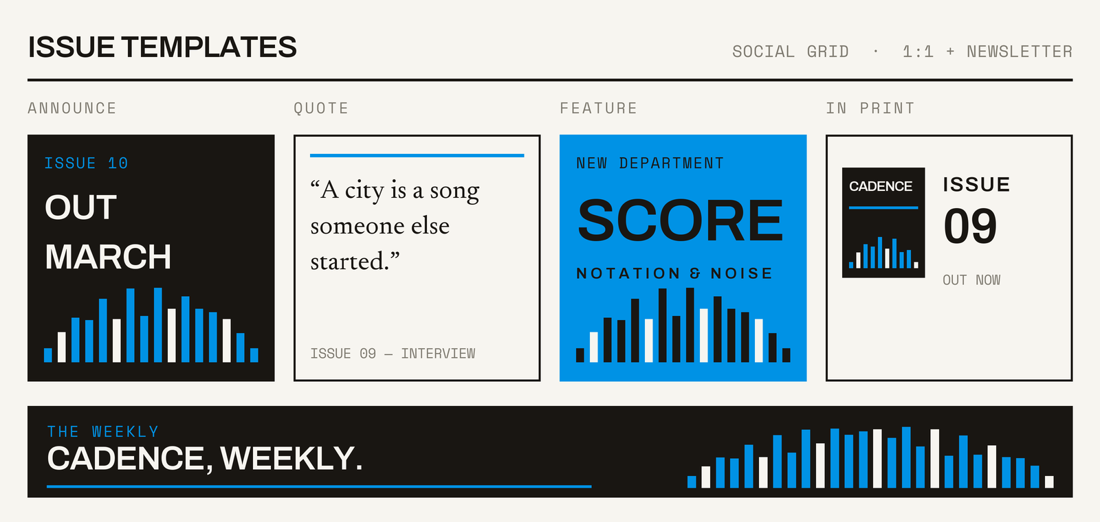Template kit: four tagged square social templates — announce, quote, feature and in-print — plus a newsletter header, all built from the waveform rule.