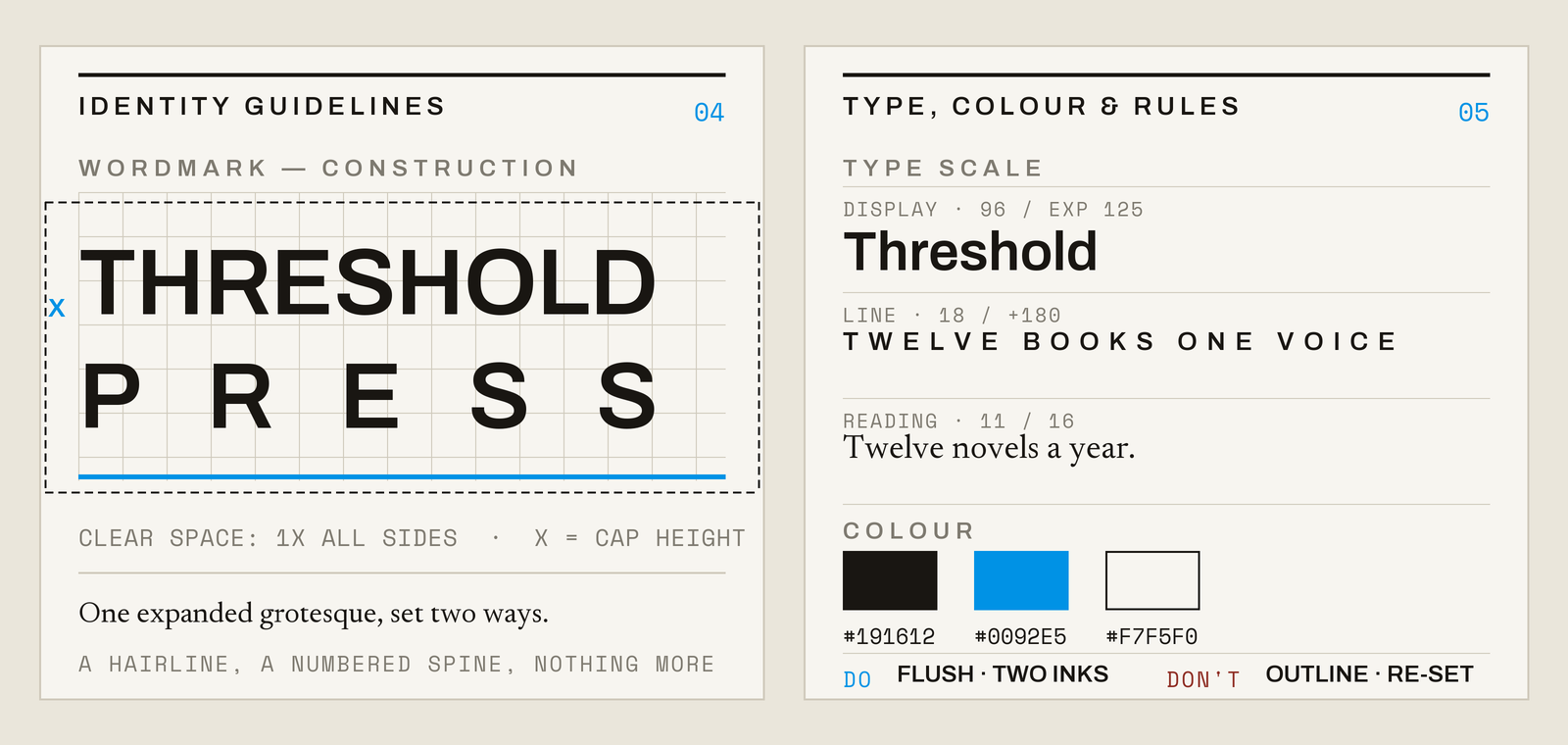 Guidelines spread: the wordmark on a construction grid with a dashed clear-space box, then the type scale, colour chips and the do and don't rules.