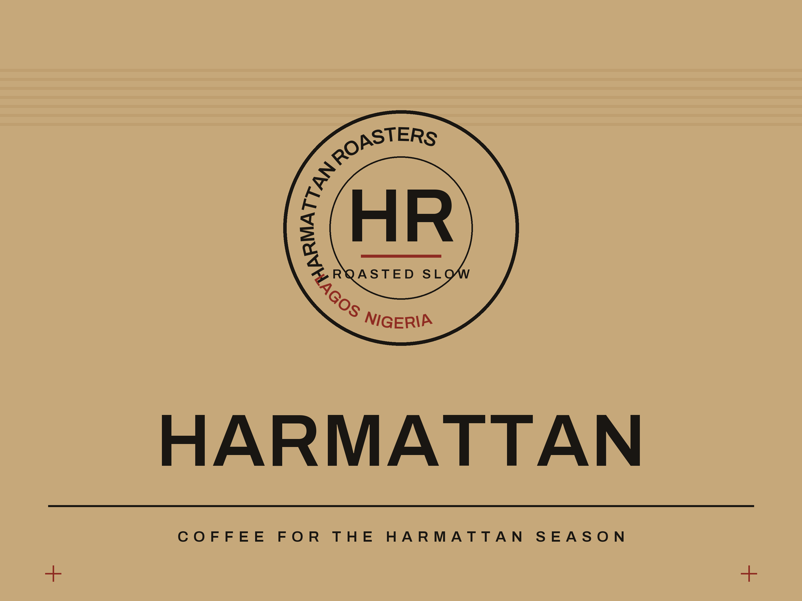 Harmattan Roasters packaging artwork: a roundel stamp mark with HR monogram above the expanded wordmark HARMATTAN on kraft.