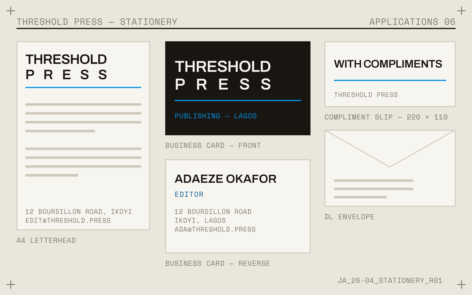 Stationery set: Threshold Press letterhead, business card front and reverse, compliment slip and DL envelope, laid out on a grid with captions.