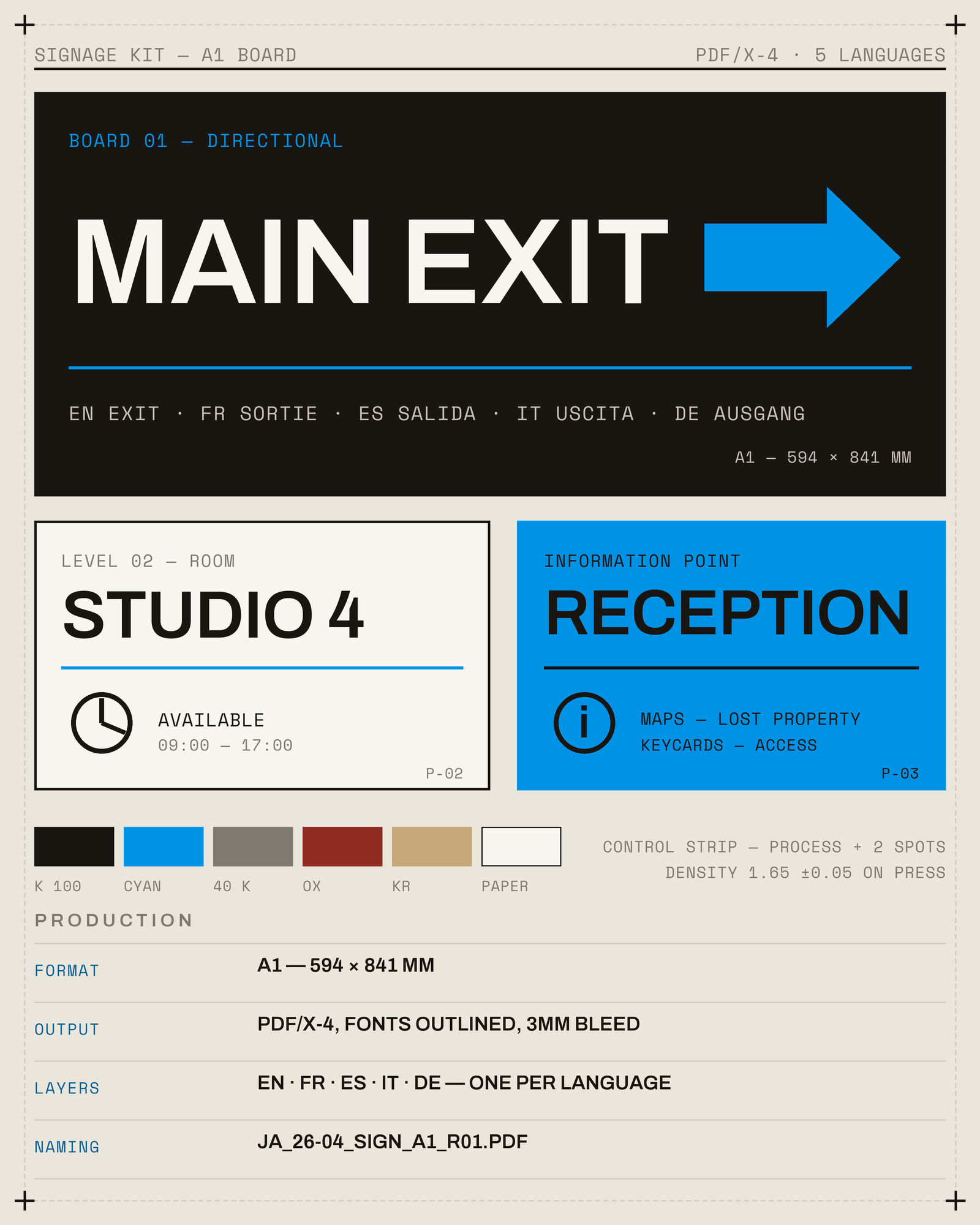 Signage kit board: an ink directional panel reading MAIN EXIT with a cyan arrow and five language lines, two smaller signs for STUDIO 4 and RECEPTION, a colour bar and production specs.
